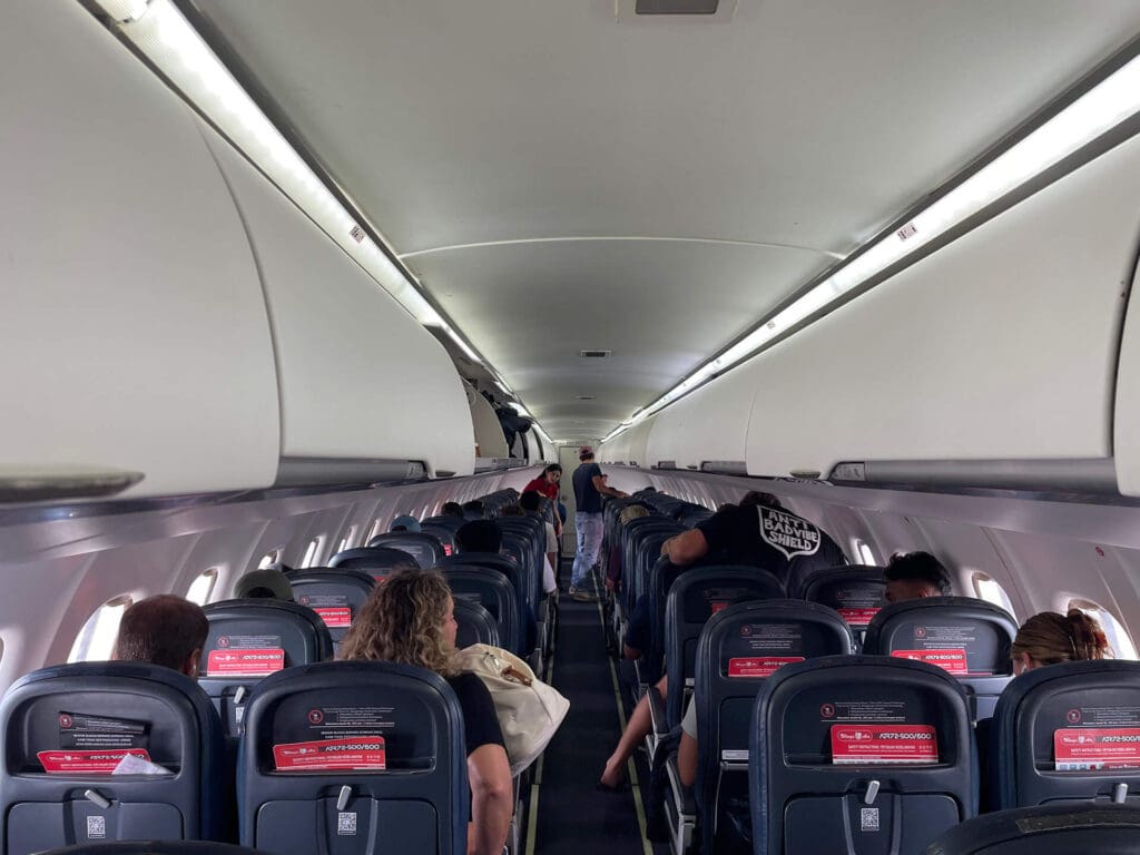 Inside view of Wings Air ATR 72 aircraft during the Padang to Mentawai flight with passengers onboard
