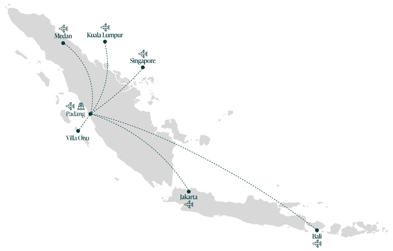 Villa-Onu-Map Map showing the possible travel routes to the Mentawai Islands